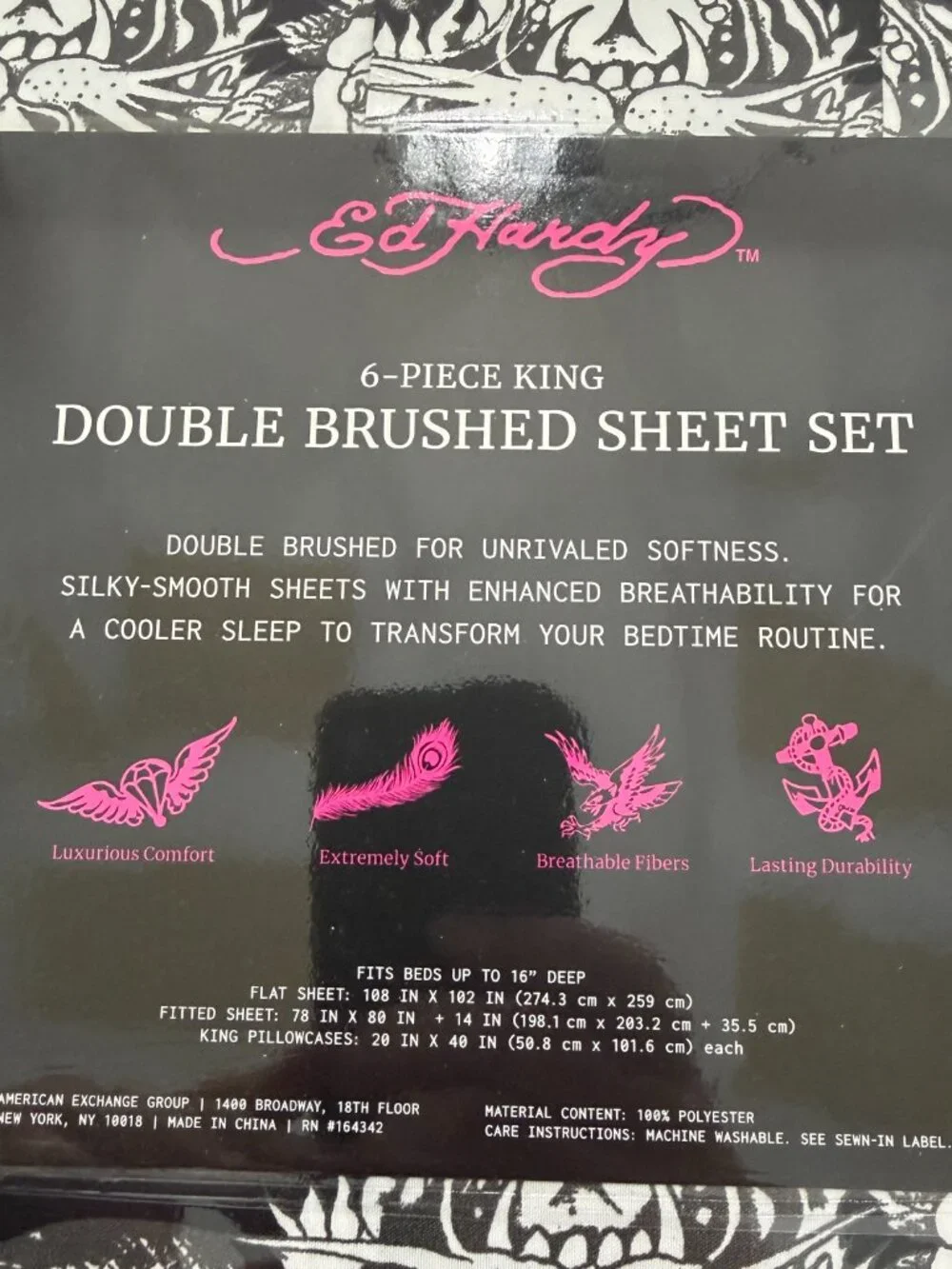 Ed Hardy King Sheet Set 6 Piece Double Brushed Black White Skull Tiger Tattoo